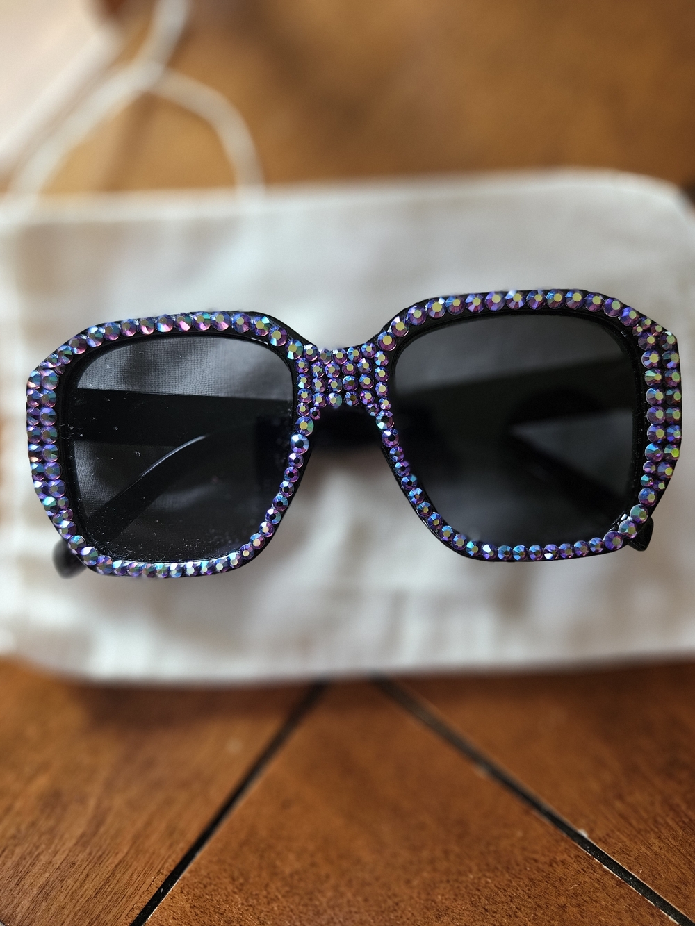 Kirks Folly Black Sunglasses with Iridescent Purple Rhinestones